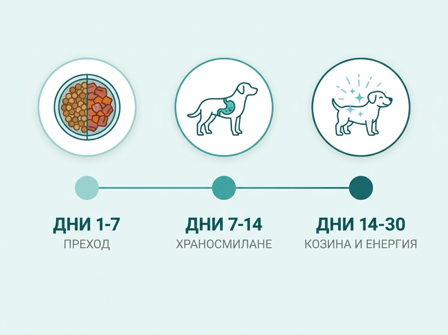 Cronologie: zilele 1-7 tranziție, zilele 7-14 digestie, zilele 14-30 blană și energie