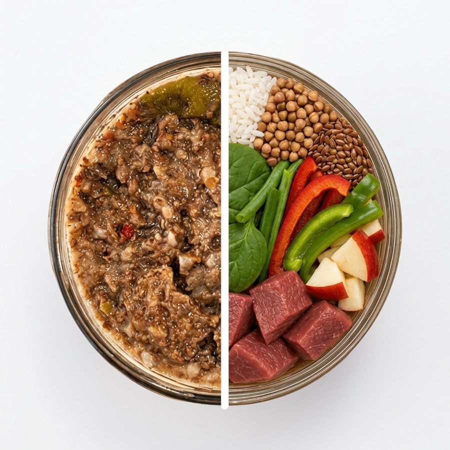 Conținutul gata al borcanului și ingredientele: vită, spanac, ardei, mere, hrișcă și semințe de in